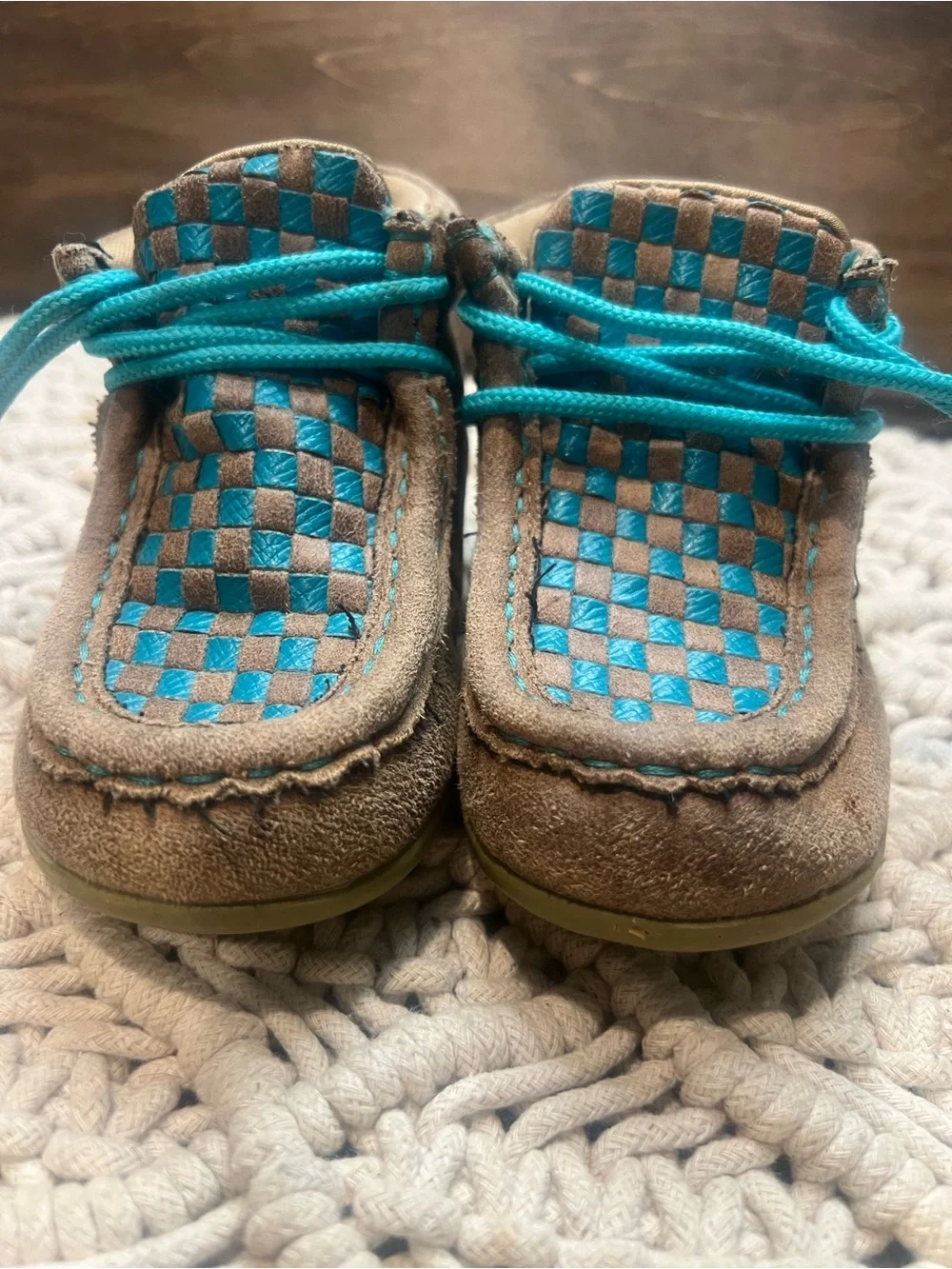 Twister Cassidy Brown and Teal Check Moccasin Shoes toddler SZ 6